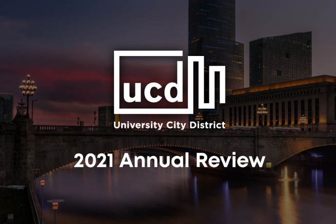 UCD's 2021 Annual Review over a shot of the Schuylkill River