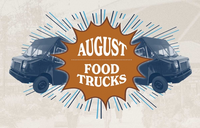 A graphic with two food trucks that reads "August Food Trucks"