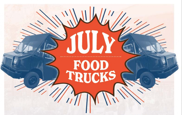 An image reading "July Food Trucks" with two trucks