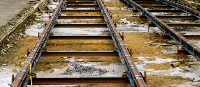An image of trolley tracks in West Philadelphia