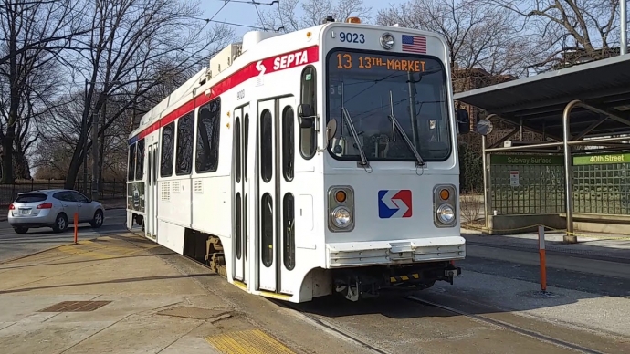 A SEPTA trolley at the 40th Street Trolley Portal 