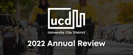 UCD's 2021 Annual Review over a shot of Safety Ambassadors biking