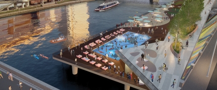 A rendering of the proposed public plaza and pool
