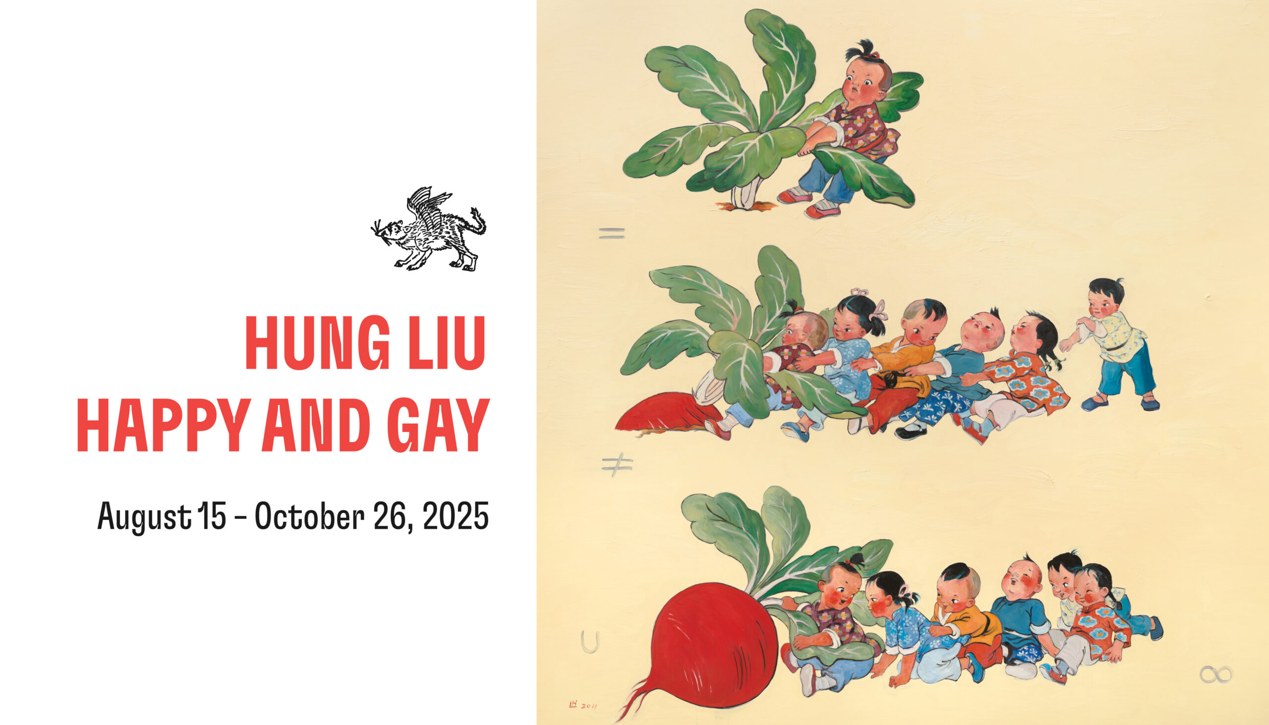 Promotional graphic for Happy & Gay: an art exhibit. Imagery includes a painting by Hung Liu