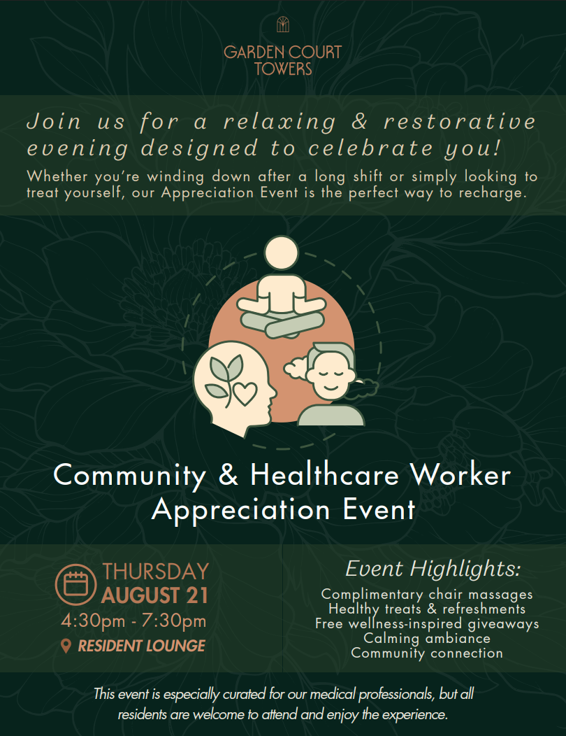 Promotional graphic. Green background with white text. Text reads "Community & Healthcare Worker Appreciation Event"
