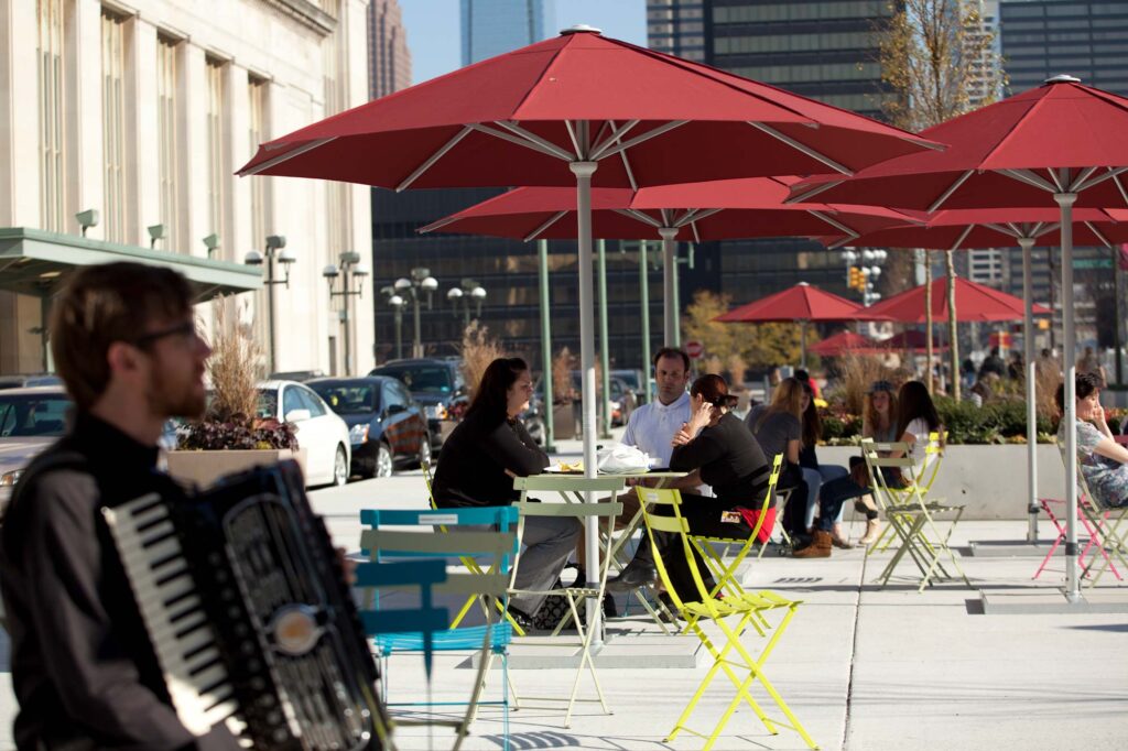 Early photo of The Porch at 30th Street Station with simple temporary furniture.