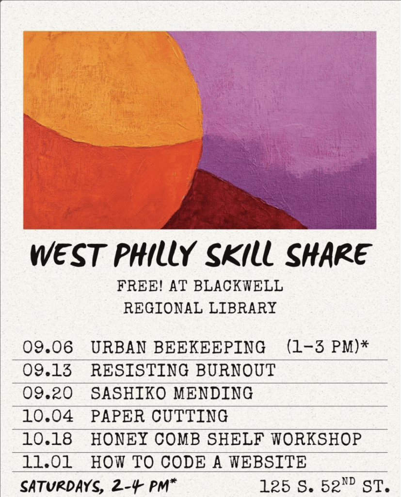 Graphic listing dates for a number of West Philly Skill Share events