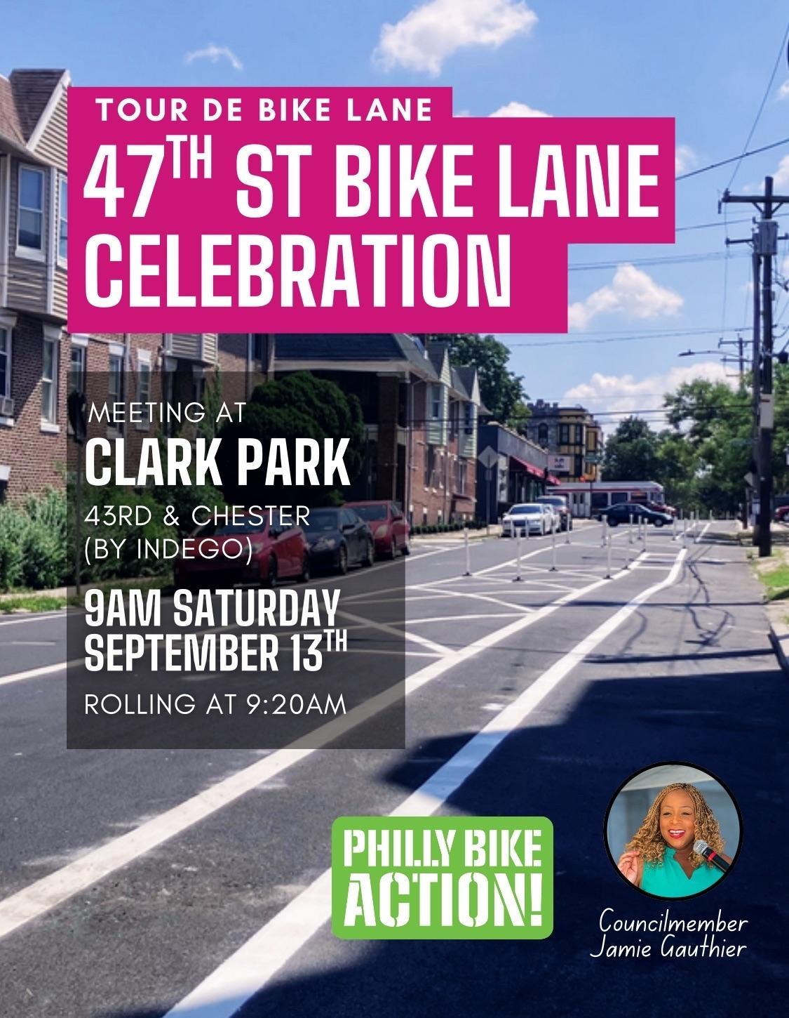 Promotional image for Philly Bike Action, featuring 47th st on a sunny day