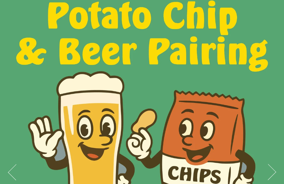 Promotional graphic with cartoon chip bag and beer pint