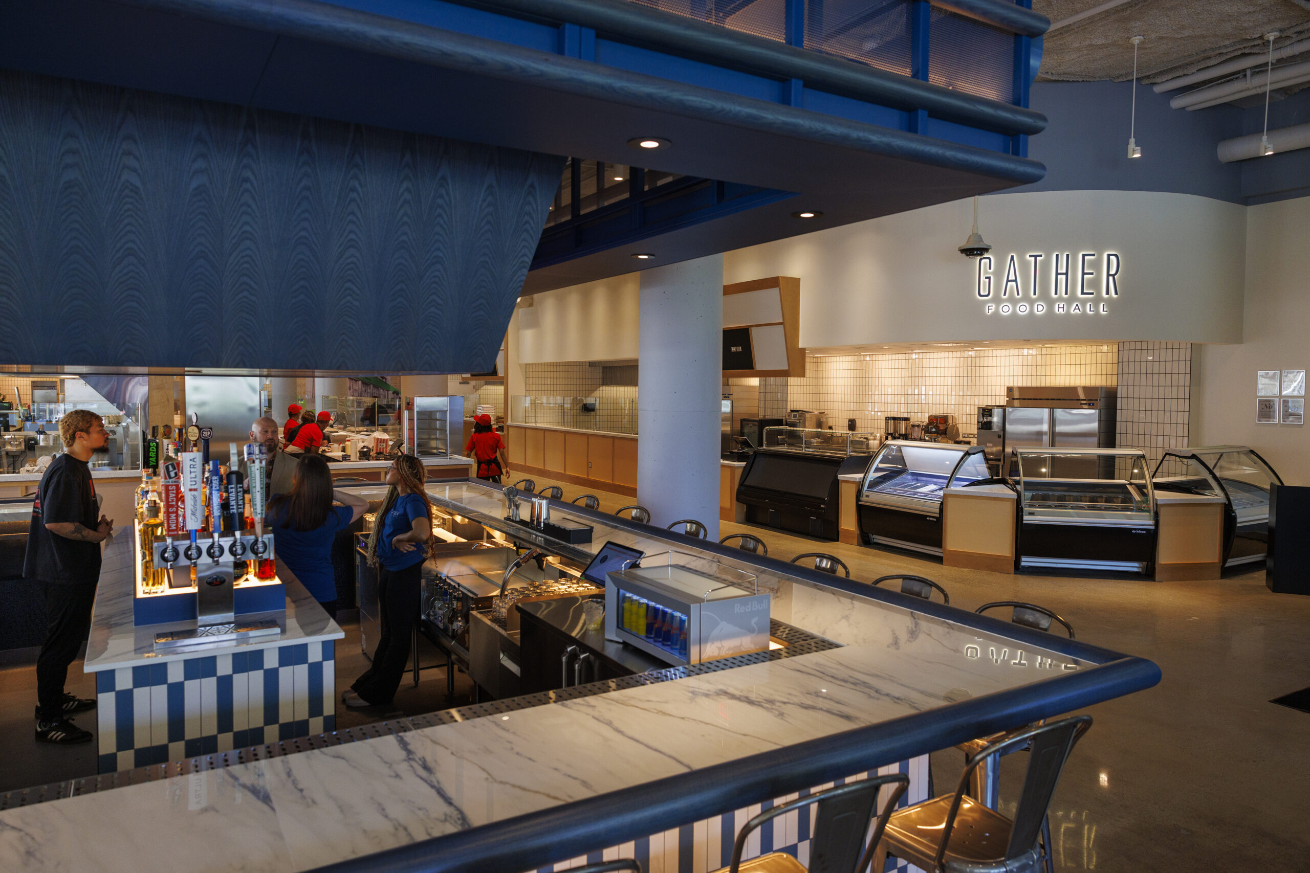 Interior with Bulletin Bar in foreground with an eatery inside the Gather Food Hall in the old Bulletin Building,3025 Market St. Philadelphia, Monday, October 27, 2025.