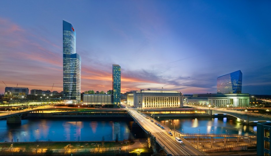 A rendering of the FMC tower rising above the Schuylkill River