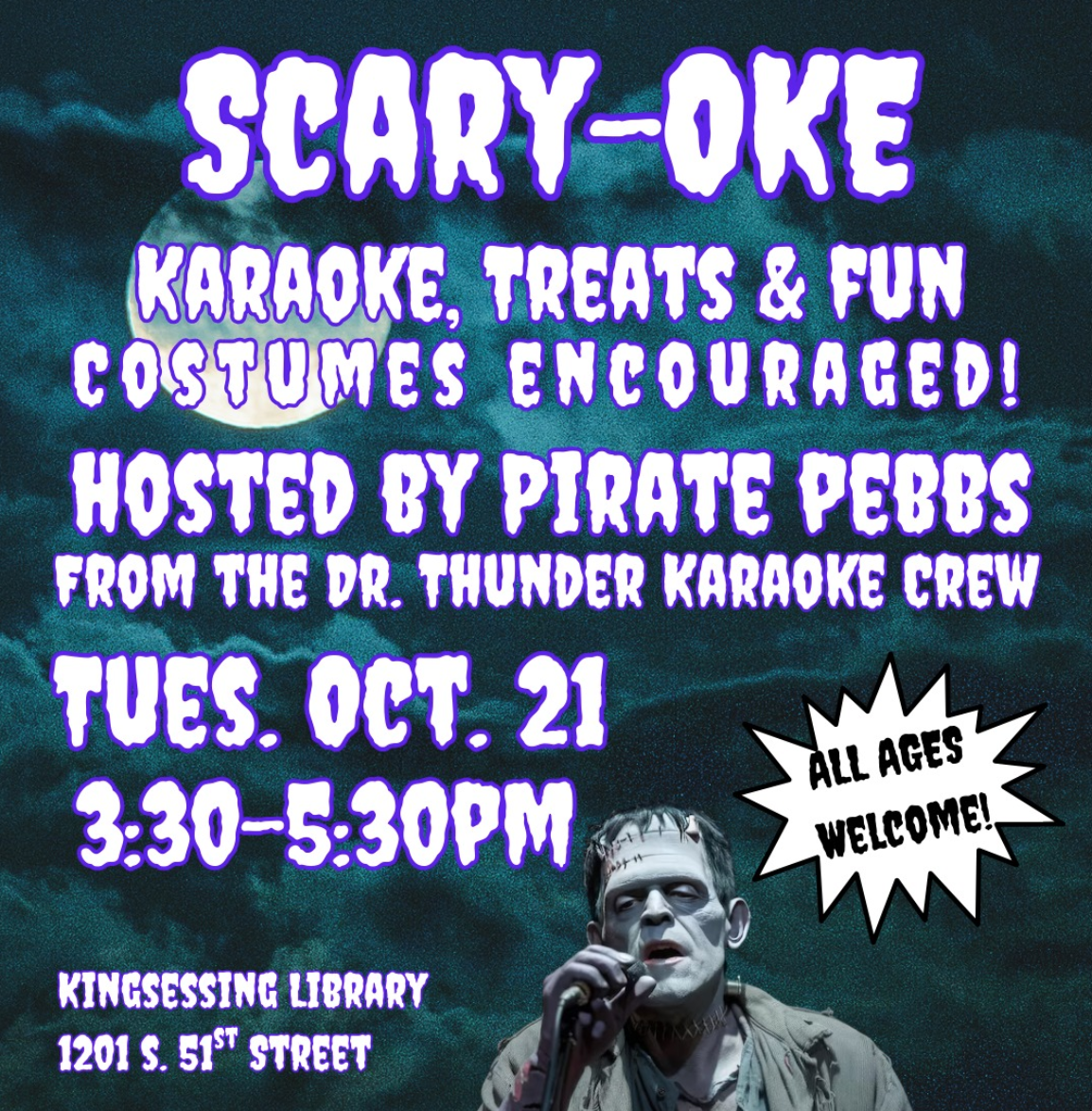 Promotional graphic with a Halloween theme. Text reads "Scary-Oke Karaoke, Treats & Fun! Costumes Encouraged"