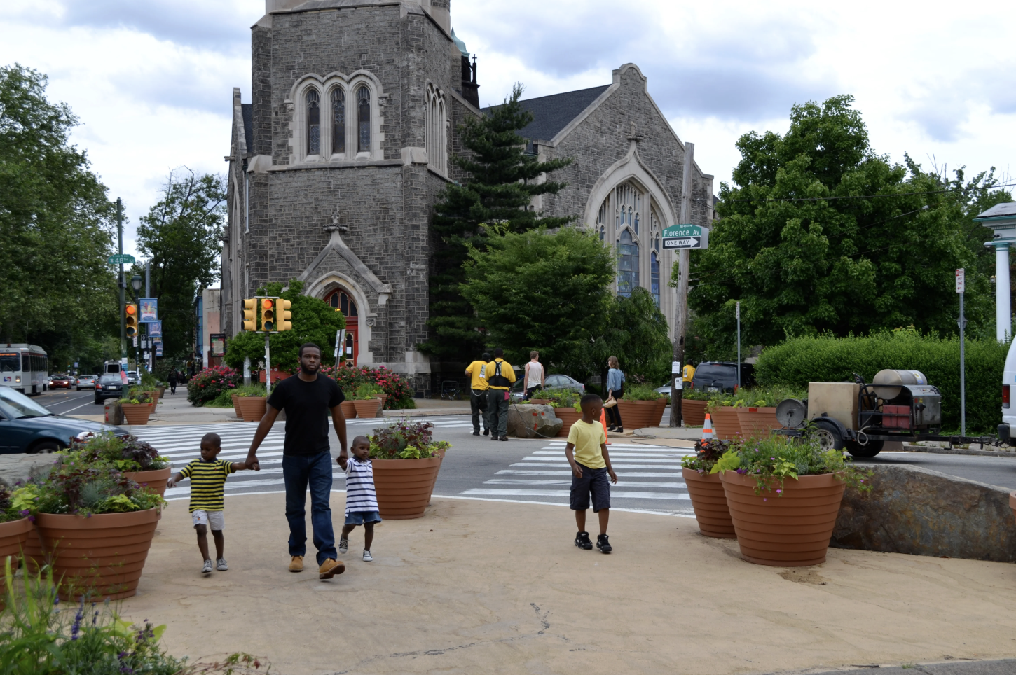Pedestrians using Baltimore Crossing at 48th and Baltimore Avenue in West Philadelphia