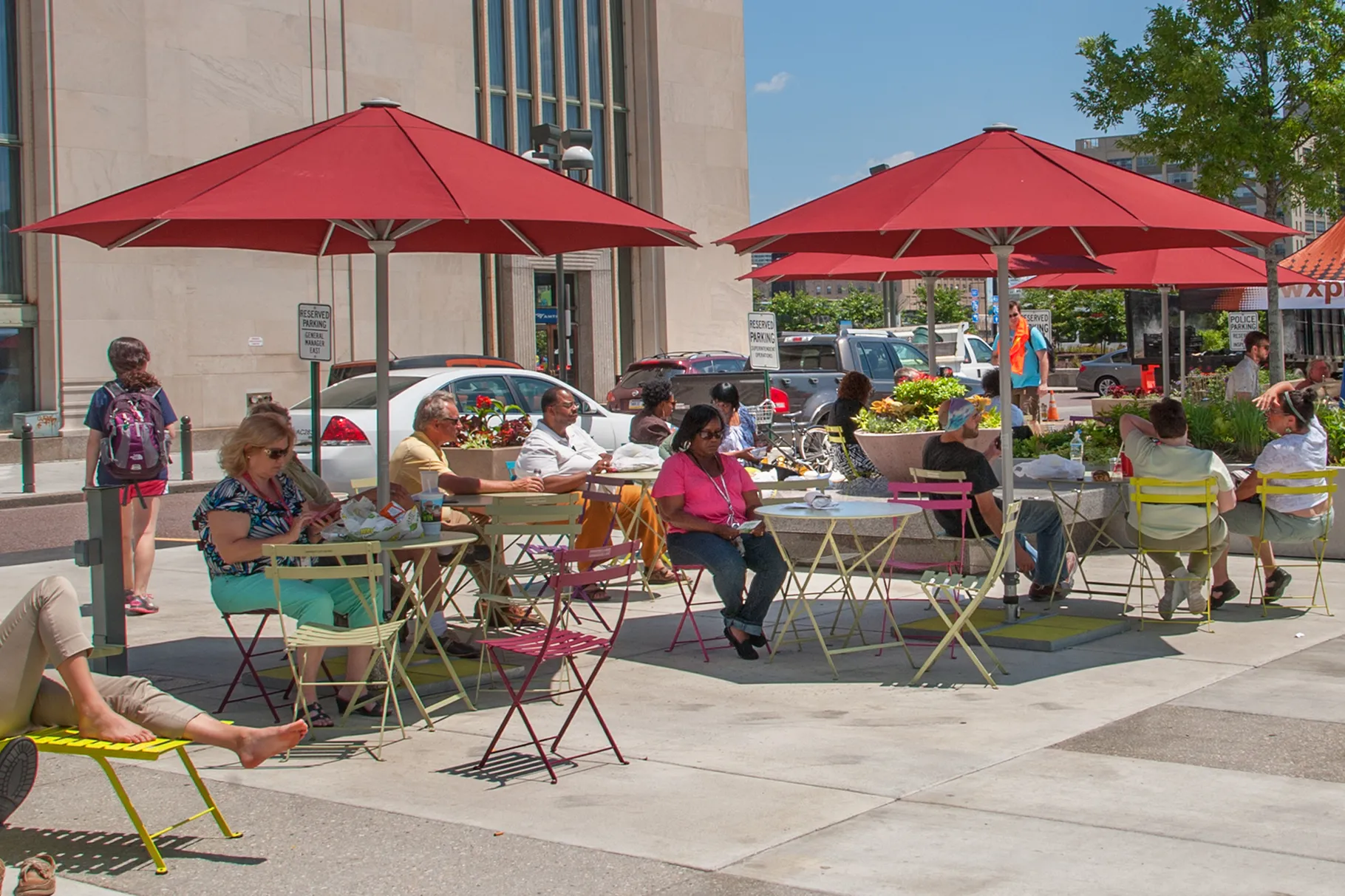 People relaxing at The Porch at 30th Street Station