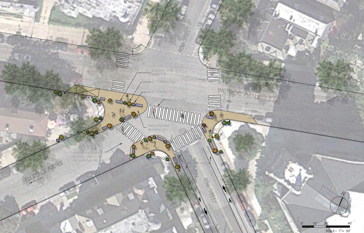 Baltimore Avenue Pedestrian Plaza rendering depicting changes at the intersection.