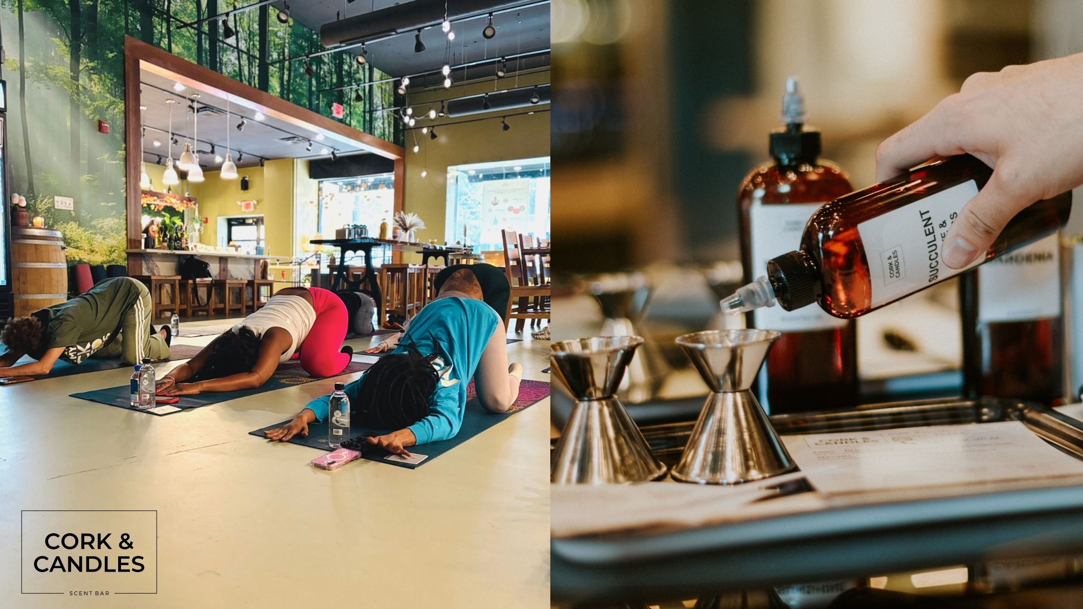A collage of two photos side by side. Left photo: A group of people doing yoga on mats. On the right, a person handmaking a candle.