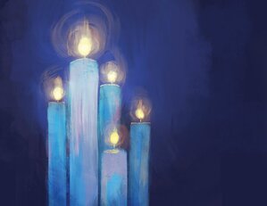 Painted stylized image of blue candles with a soft glowing flame