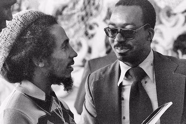 Historic photo of Bob Marley and James G. Spady at the United Nations in 1978. Photo by Leandre Jackson