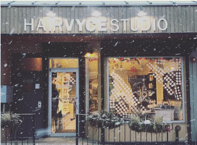 An exterior image of Hair vYCE studio on a snowy day