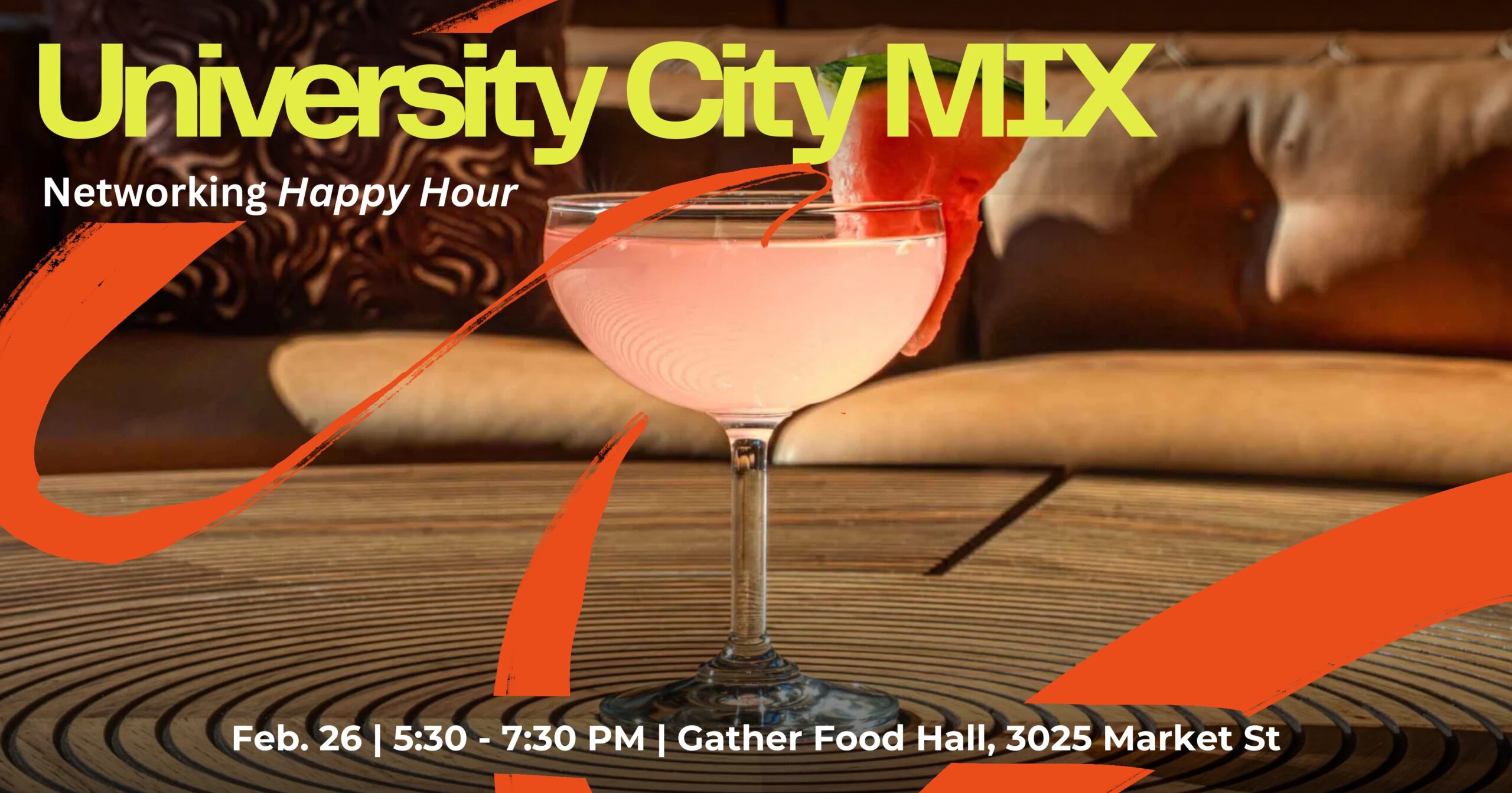 A Promotional graphic for MIX Happy Hour, featuring a pink cocktail