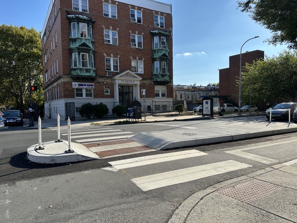 A pedestrian refuge island on Chestnut Street in West Philadelphia