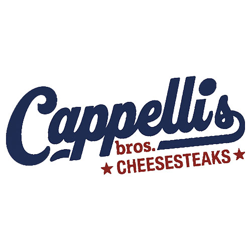 On a white background, the font reads Cappelli's in dark blue and then bros. CHEESESTEAKS in dark red.