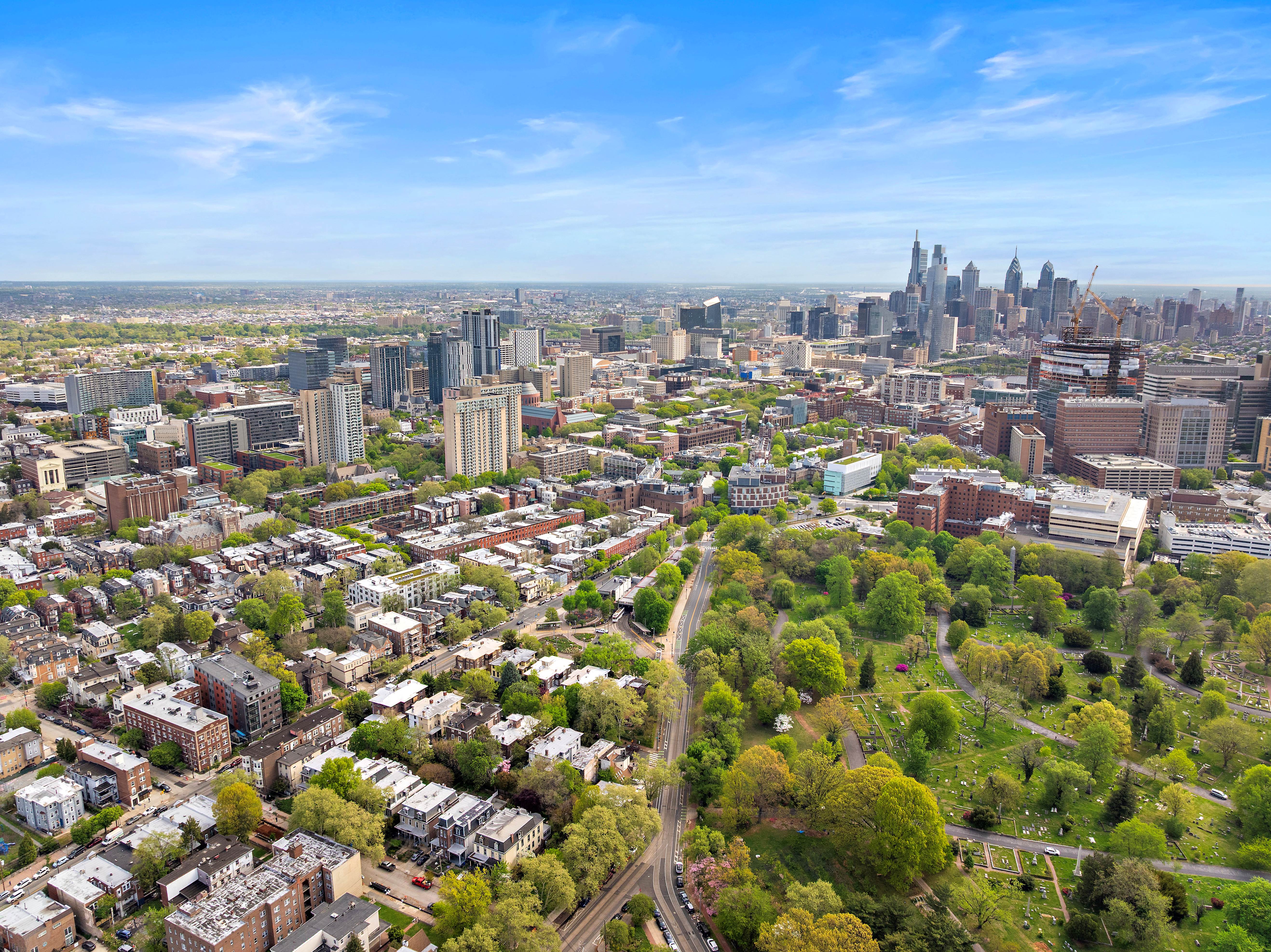 A drone image of University City, Philadelphia, taken in 2026